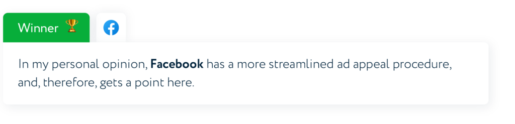In my personal opinion, Facebook has a more streamlined ad appeal procedure, and, therefore, gets a point here.